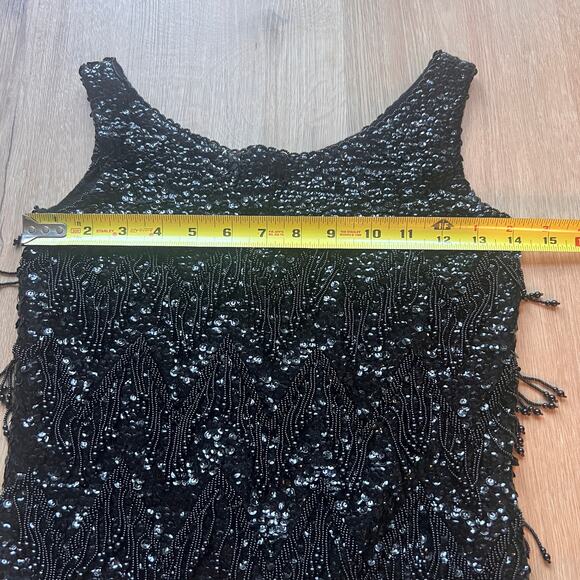 Vintage 60s Sequin Beaded Cocktail Black Sleeveless Top Zip Back Wool SZ Small - Picture 8 of 8